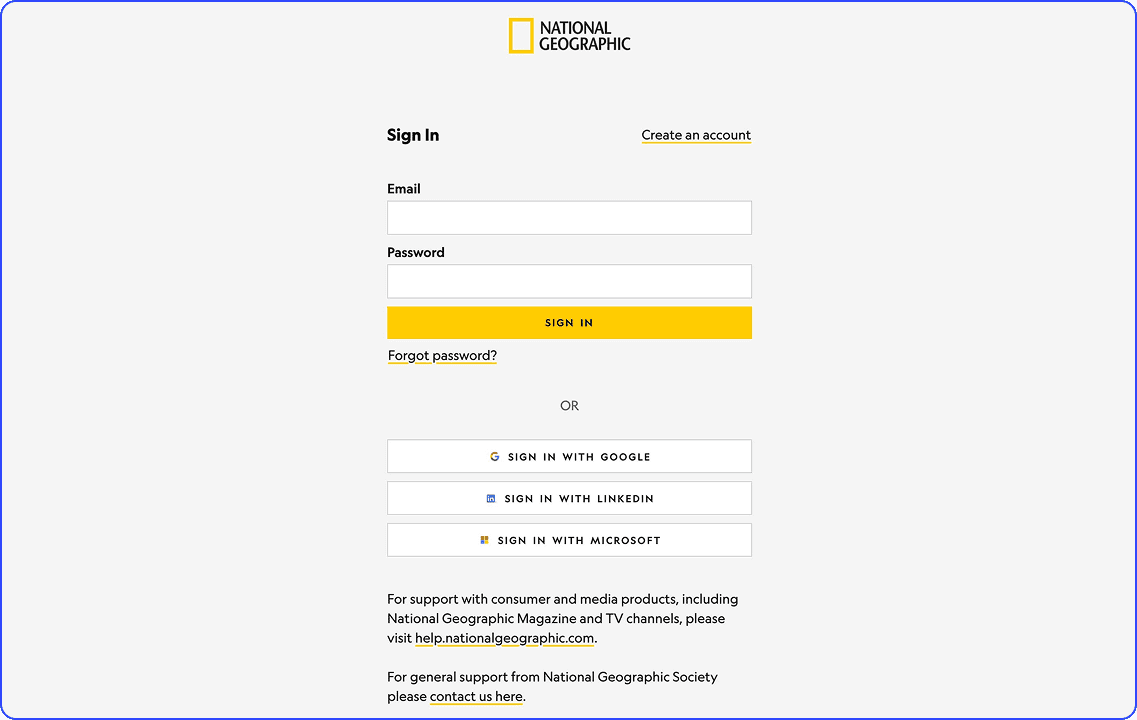 National Geographic login page
