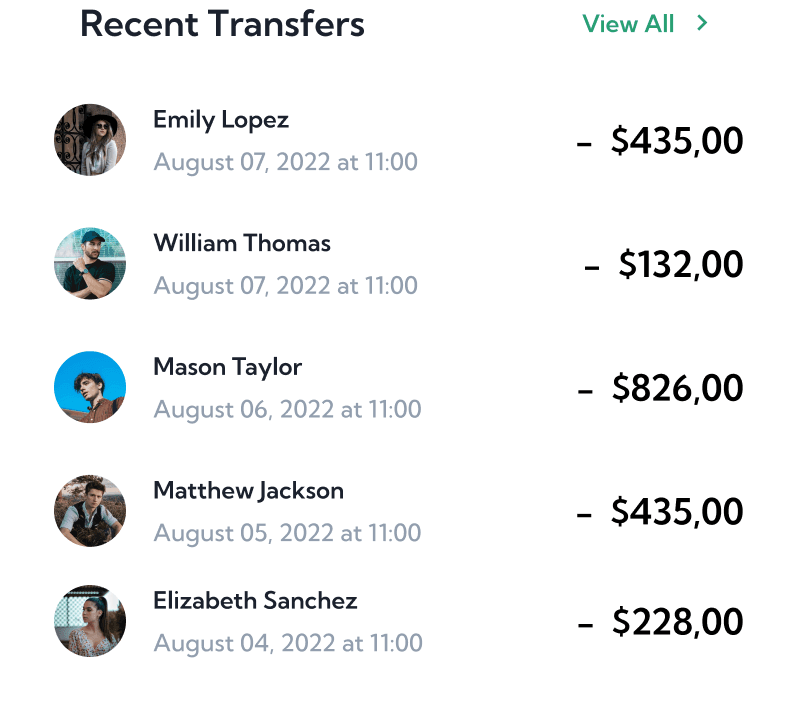 Recent transfers list in a fintech app
