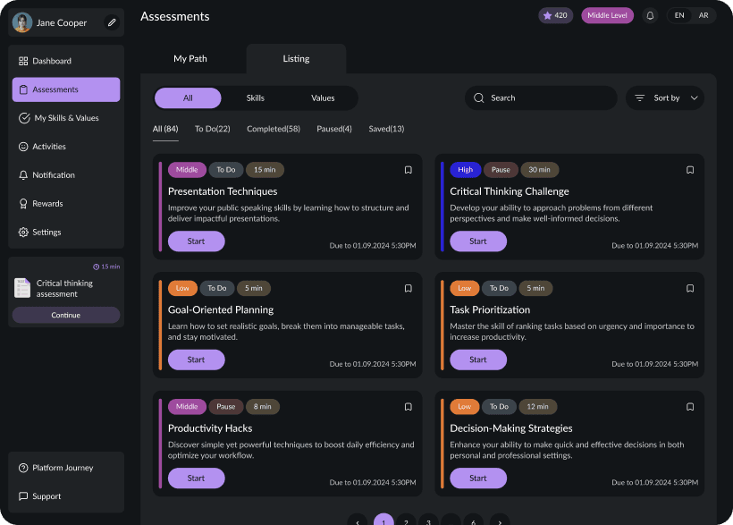UI design of SkillForge assessments page