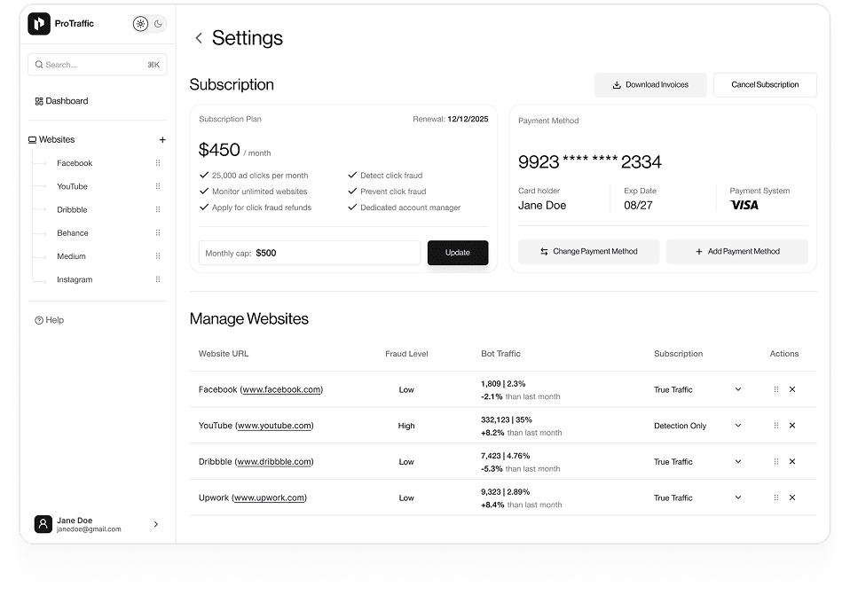 Wireframe of ProTraffic settings page