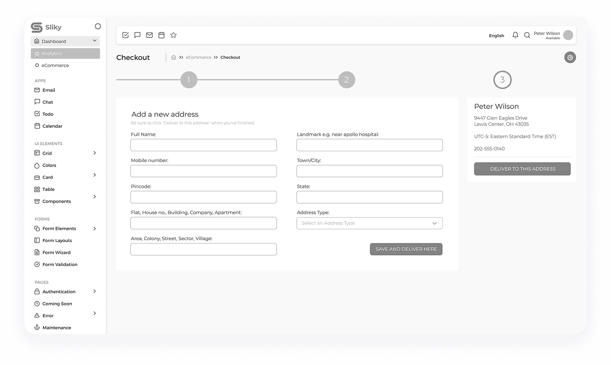 Sliky CRM checkout process dashboard wireframe