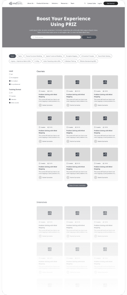 Wireframe of the PrizGuru course catalogue page