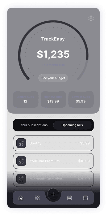 TrackEasy app wireframe design showing a financial overview screen