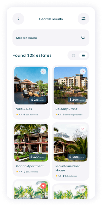 UI design of Turveyor search results screen