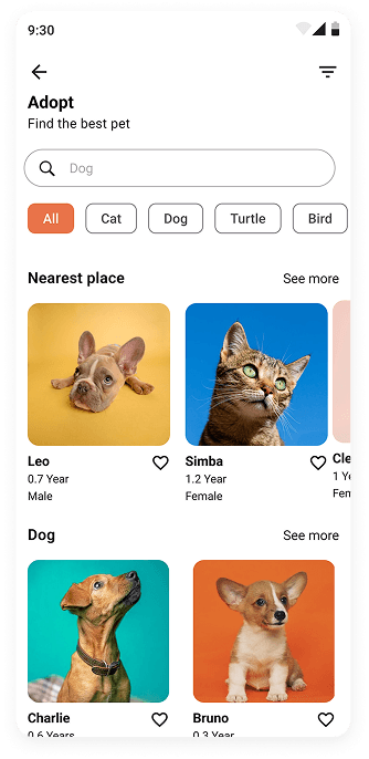 MyPet app adoption screen UI design