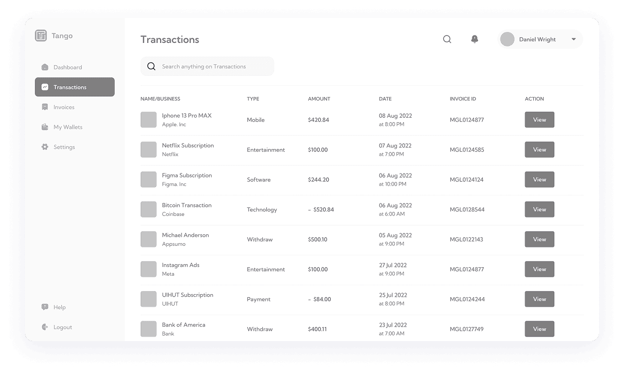 Wireframe of Tango app transactions screen