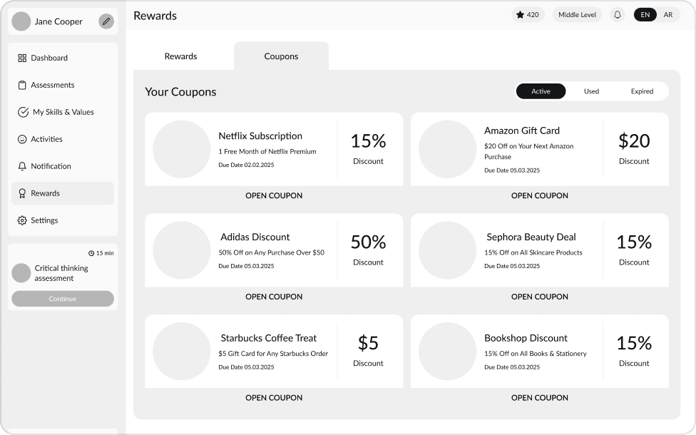 Wireframe of SkillForge rewards page