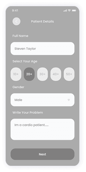 Wireframe of the E-doctor app-s patient details screen