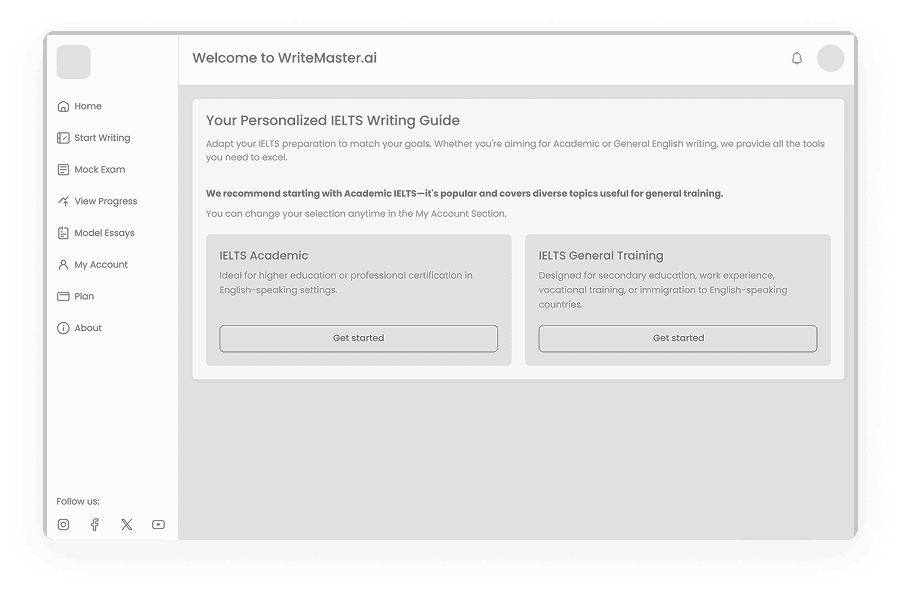 Wireframe of Writemaster personalized IELTS guide screen