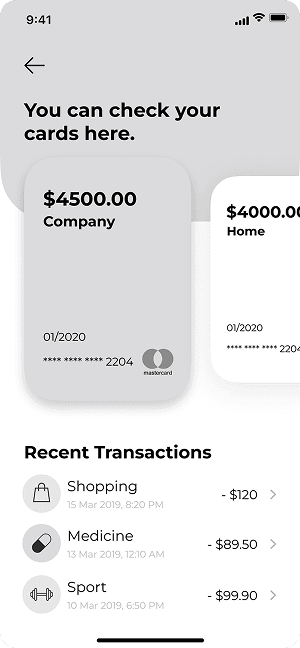 Wireframe of MoneyPay cards overview screen