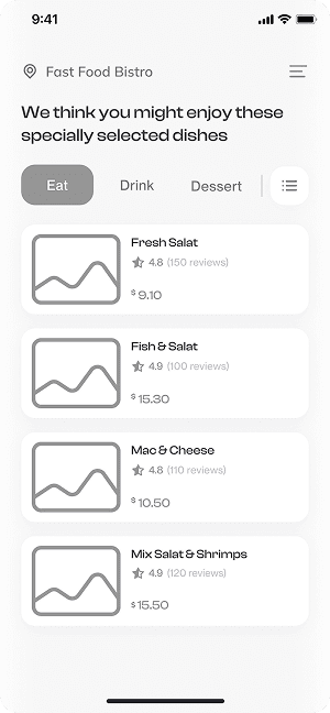 Wireframe of Have Meal’s recommended dishes screen