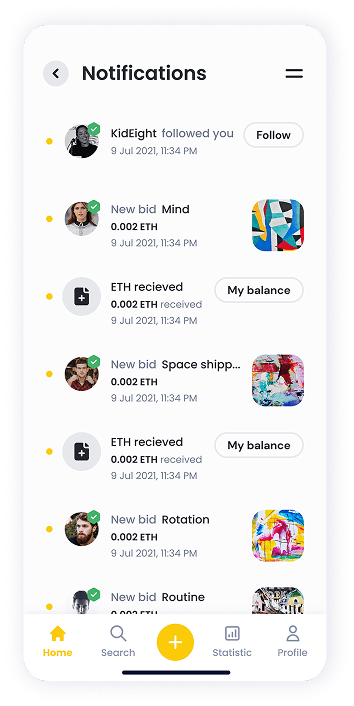 NFT Store notification screen UI design