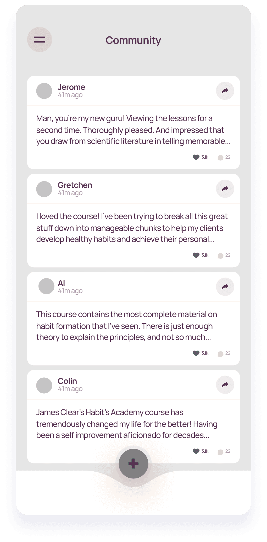 Wireframe of a LifeBalance screen displaying a community feed