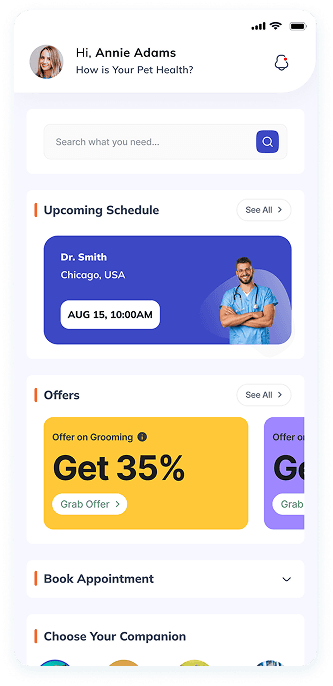 UI design of the VetPet app’s appointment scheduling screen