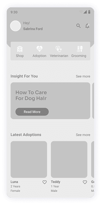 MyPet app home screen wireframe