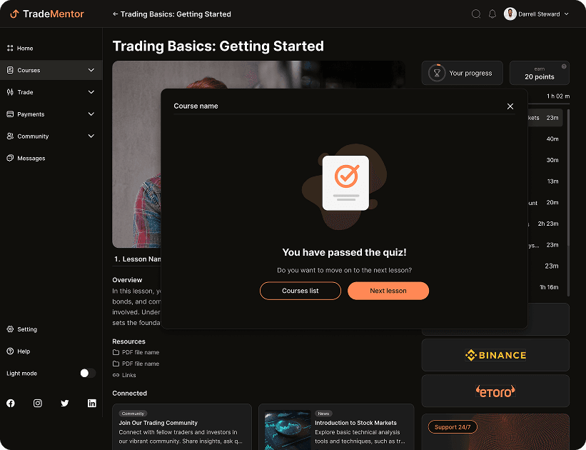 UI design of the TradeMentor lesson success screen