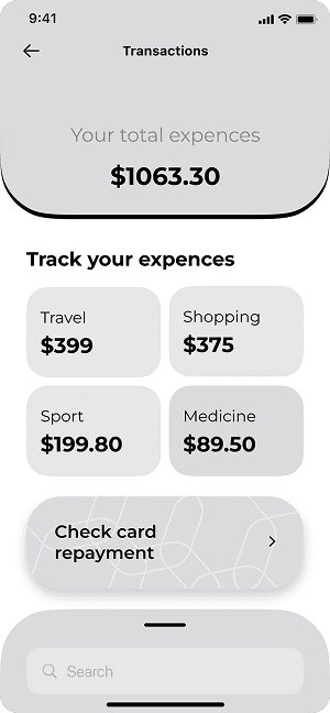 Wireframe of MoneyPay expense tracking screen