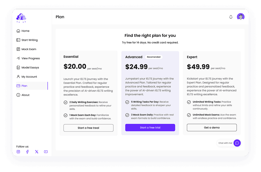 UI design of Writemaster subscription plan options page