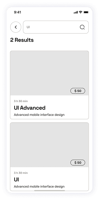 Wireframe of the EasyCoursy app-s search results screen