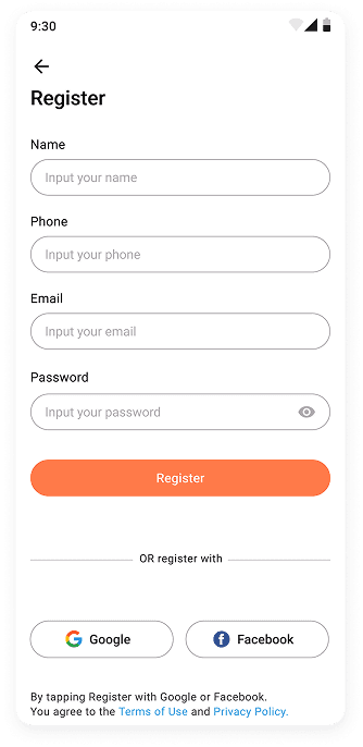 UI design of MyPet app registration screen