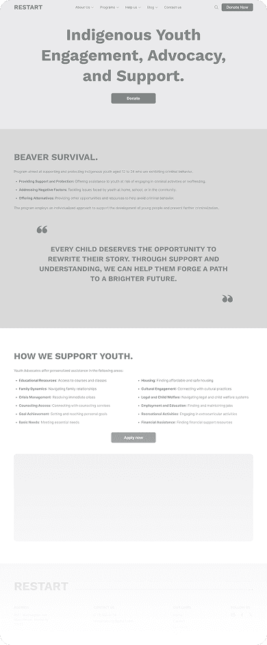 Wireframe of the RESTART’s donation program page