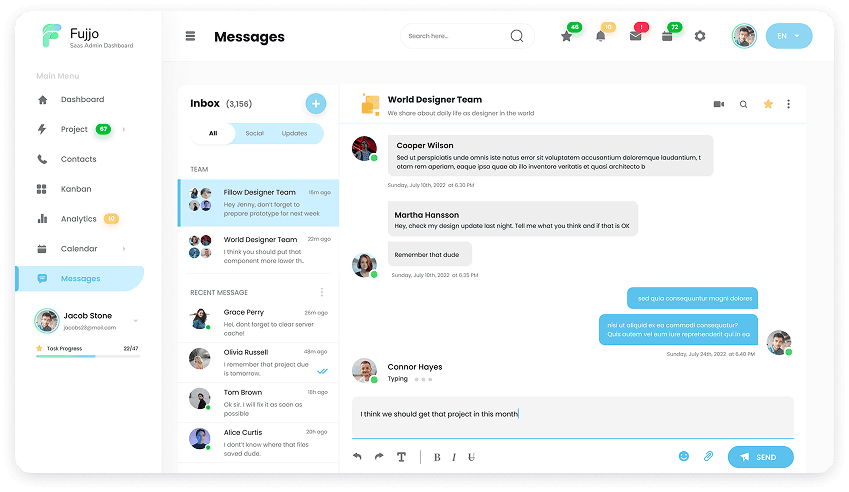 Fujjo messages dashboard UI design