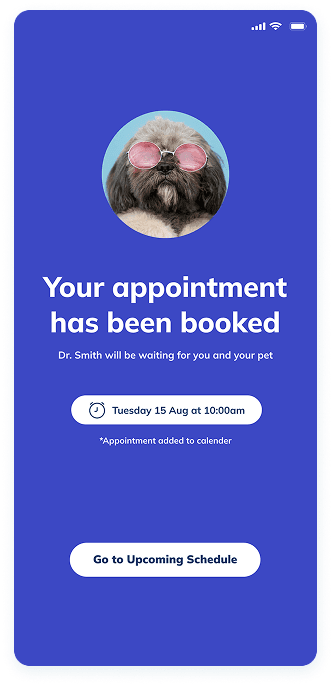 UI design of the VetPet app-s appointment booking confirmation screen