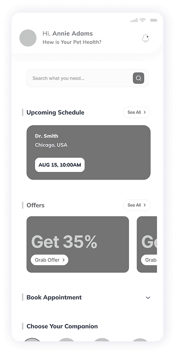 VetPet app appointment scheduling screen wireframe
