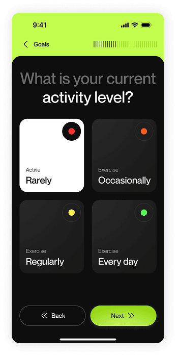 UI design of Fitty activity level screen