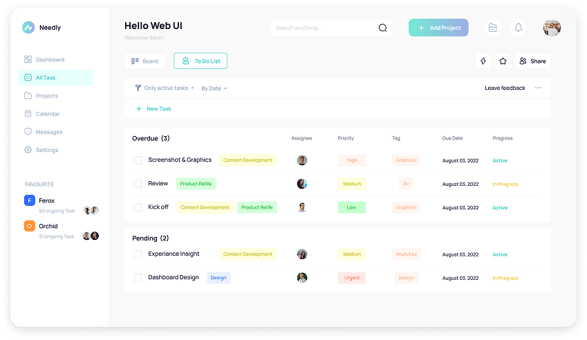 Needly task dashboard UI design