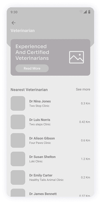 MyPet app veterinarian screen wireframe