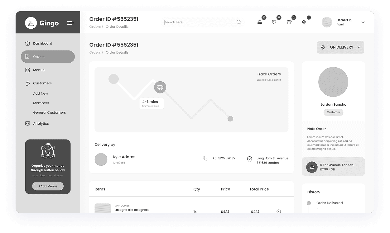 Wireframe of the Gingo admin panel order details dashboard