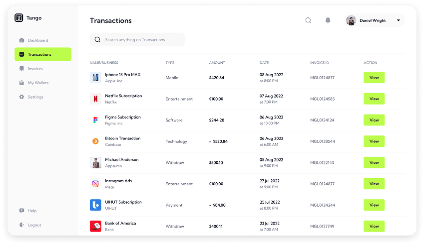 Transaction section UI design of Tango app