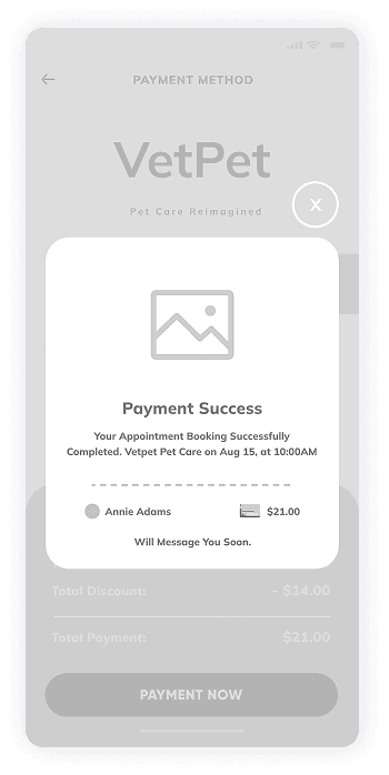 VetPet app payment success screen wireframe
