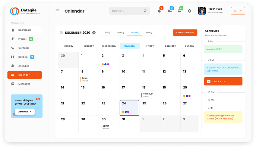 UI design of Datagile calendar dashboard