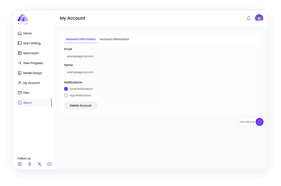UI design of Writemaster account settings page