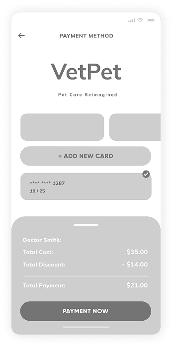 VetPet app payment method screen wireframe