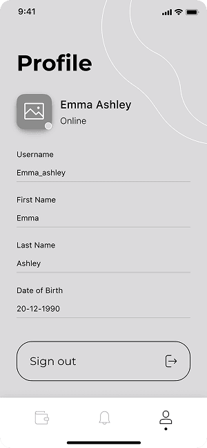 Wireframe of MoneyPay user profile screen