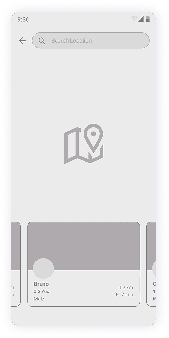 MyPet app location search screen wireframe