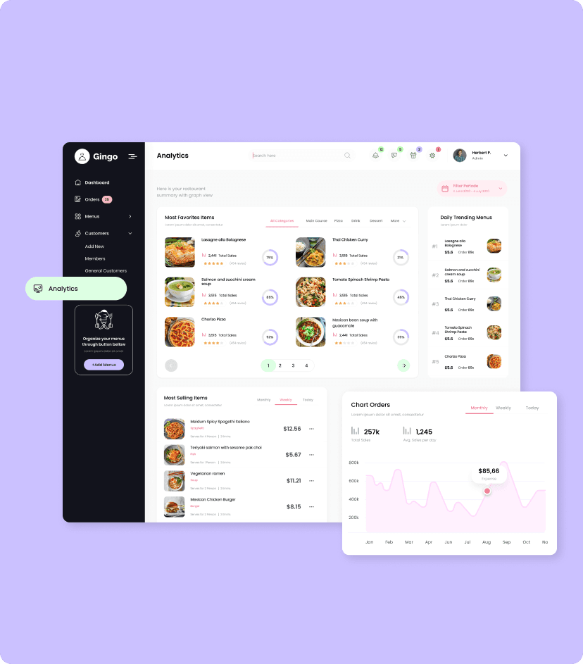 Gingo admin panel orders analytics feature
