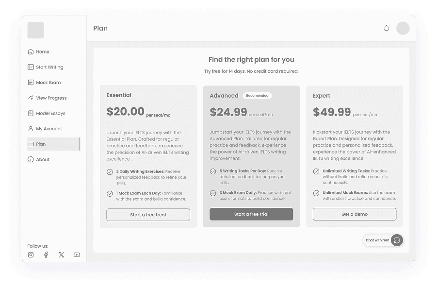 Wireframe of Writemaster subscription plan options screen