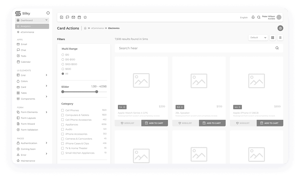 Wireframe mockup of a Sliky CRM card action dashboard