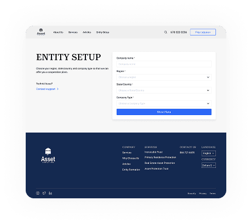 UI design of the Asset Protection entity setup page
