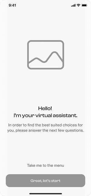 Wireframe displaying Have Meal’s Virtual Assistant welcome screen