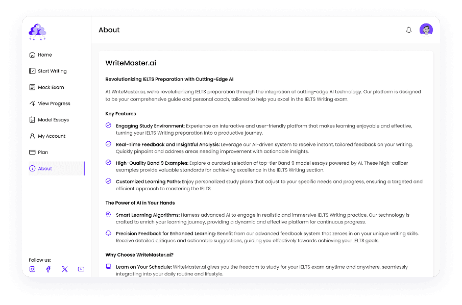 UI design of Writemaster about page