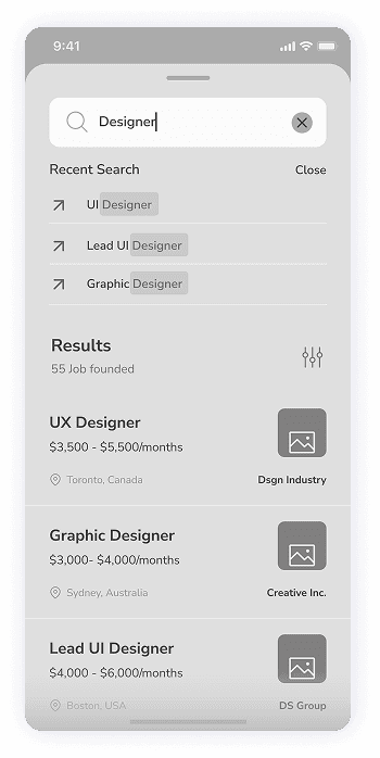 Wireframe of Rocket app-s search results screen