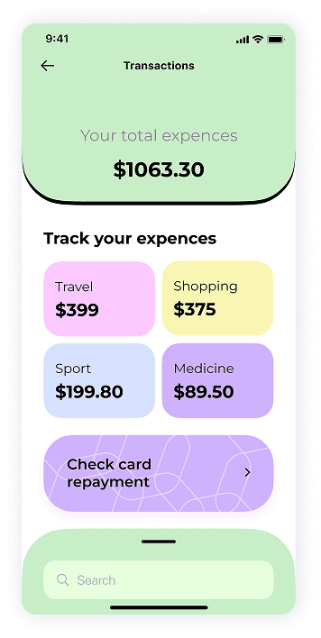 UI design of MoneyPay expense tracking screen