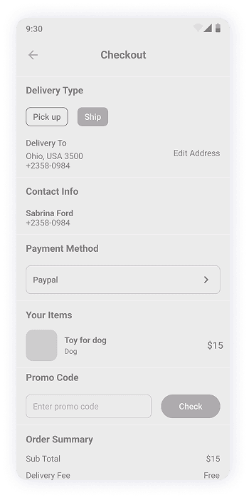 MyPet app checkout screen wireframe