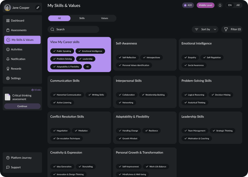 UI design of SkillForge my skills and values page