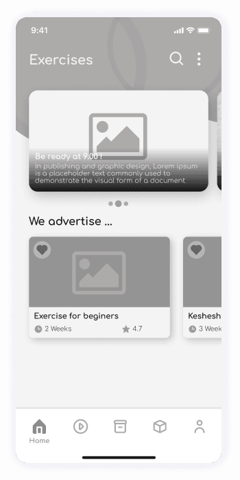 Wireframe of ShareFit app exercises screen